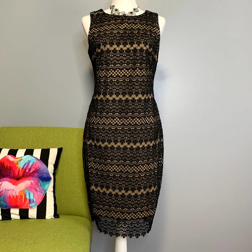 Tahari Black Lace Nude Illusion Sheath Dress